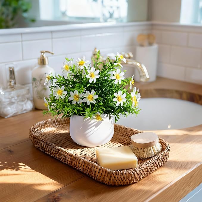 Yarmare 3 Pack Small Fake Plants Artificial Potted Flowers for Indoor Mini Faux Plants with Flowers Greenery for Home Decor Living Room Bathroom Bedroom Office Table Shelf (White+Yellow+Purple)