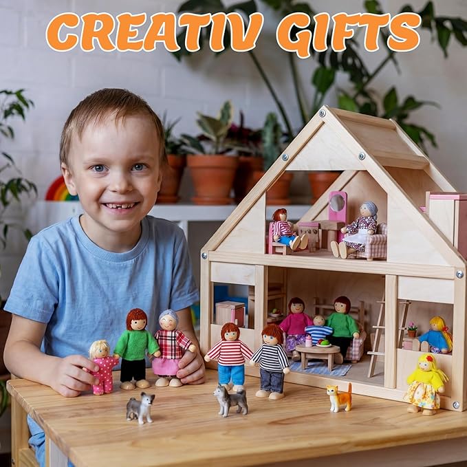 Skylety 20 Pcs Wooden Dollhouse Family Set of 16 Mini People Figures and 4 Pets, Wooden Dollhouse Dolls Cosplay Family Figures Accessories for Pretend Toy(Rustic Style)