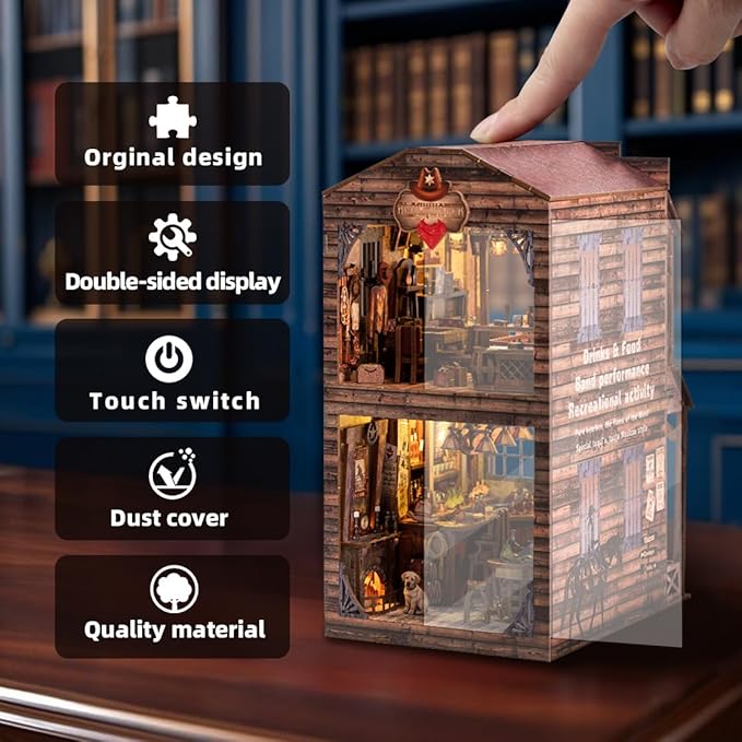 Book Nook Kit - DIY Miniature House & Dollhouse Alley Model Kit, Puzzle Bookshelf Library Decor with LED Light, Craft Gift for Adults, Teens, and Family(Old Town Saloon)