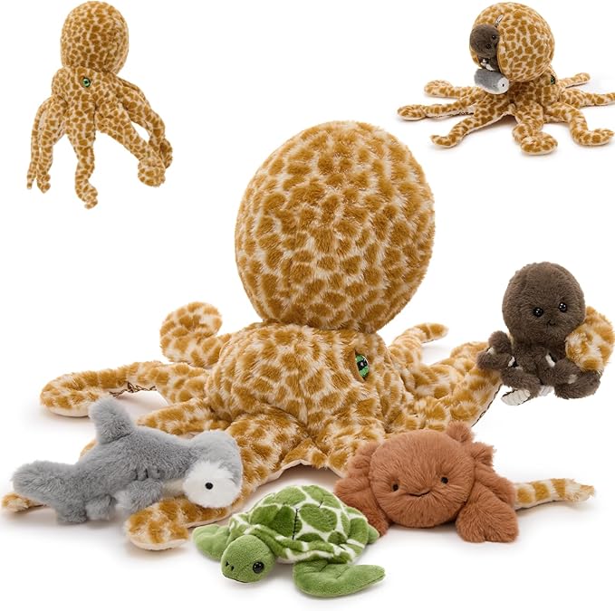 5Pcs Giant Octopus Plush, 23.6" Big Octopus Stuffed Animal with 3 Sea Animal Plush Toys(Turtle, Octopus, Crab, Hammerhead Shark), Soft Stuffed Ocean Creature Plushies for Kids