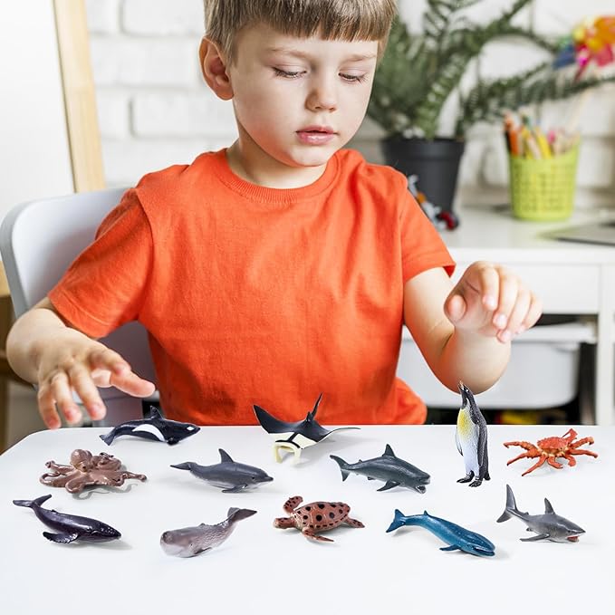 12Pack Sea Animal Figures Cake Topper, Assorted Ocean Creature Realistic Shark Whale Octopus Turtle Crab Manta Penguin Figurine for Kids Education Birthday Decorations Party Favors