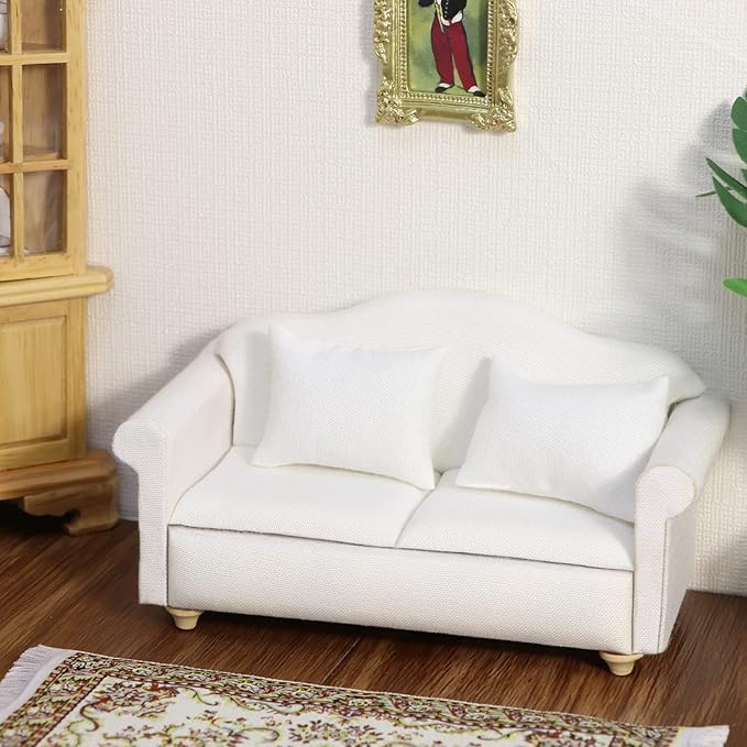 Dollhouse Couch Miniature Furniture Sofa with Pillows for Living Room Desktop Decoration Fabric Sofa Mini Home Scene Accessories Ornament (Sofa Set, White)