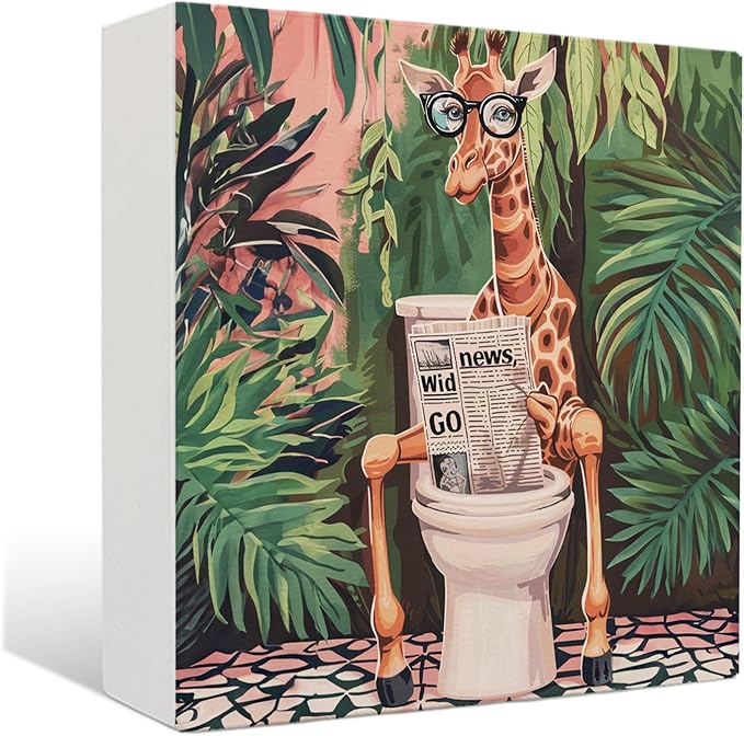 Nrleey Funny Giraffe Bathroom Decor - Wooden Box Sign, 5 X 5 Inches