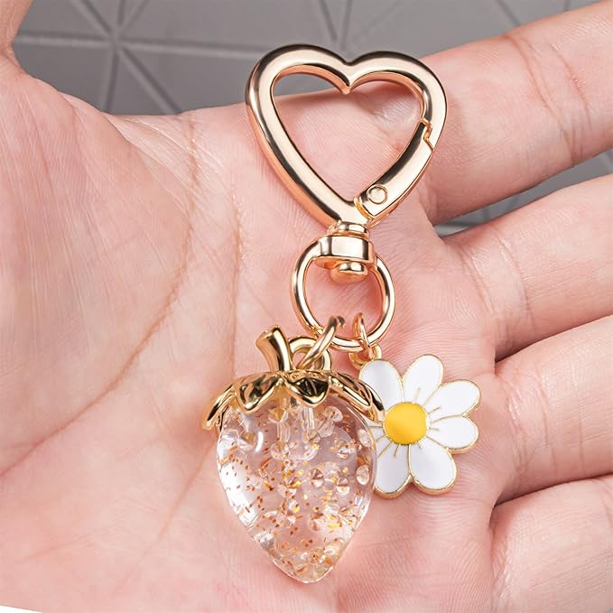 Wikavanli Cute Strawberry Keychain,Bag Charms,Kawaii Heart Flower Daisy Key chains Accessories Decor for Women Girls Purse