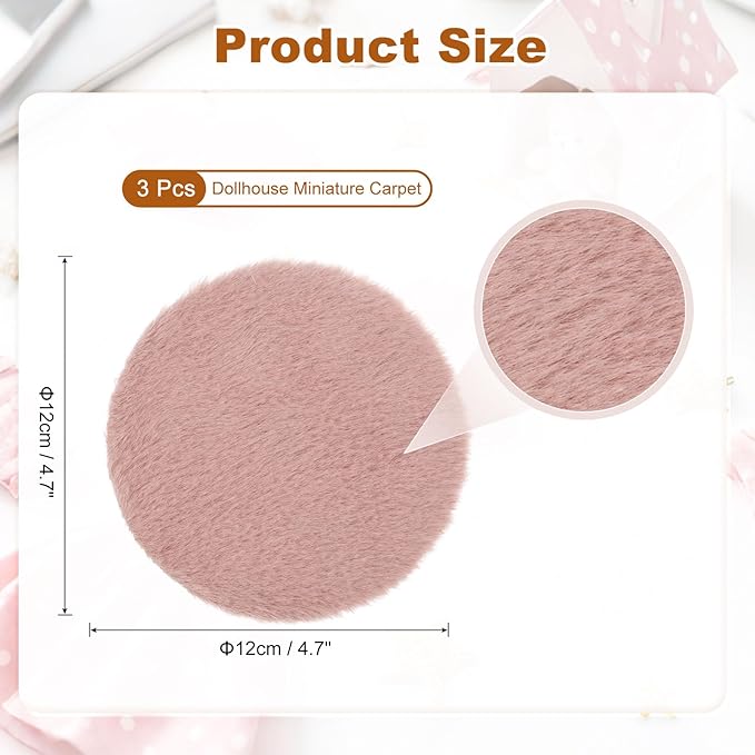 uxcell 3Pcs Dollhouse Miniature Carpet, 1:12 Fluffy Doll House Rugs Prop Small House Accessories for Doll House Furniture Decor Play, Pink Round