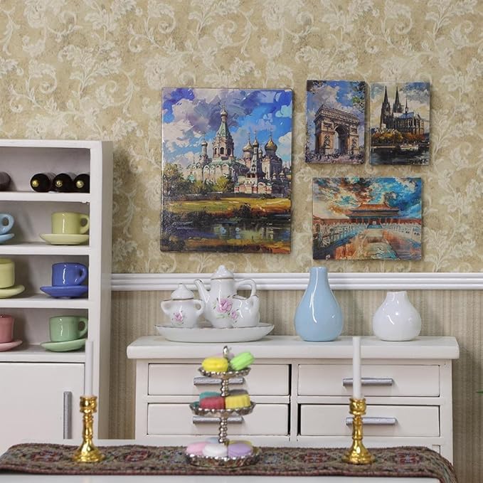 iLAND 1/12 Scale Accessories, 4 Miniature Dollhouse Pictures of Famous Architecture w/Boards