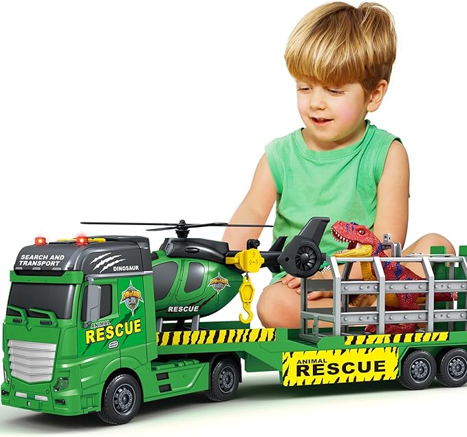 Toddler Boy Toys for 3 4 5 6 7 Years Kids, 23" Semi Flatbed Truck Toy with a Dinosaure Truck, Friction Powered Vehicles Toys with Lights and Sounds, Birthday for Boy Girls