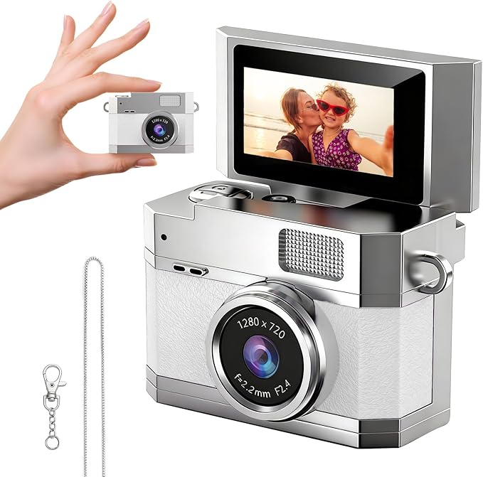 ‌Mini Keychain Digital Camera White - HD Mini Digital Camera with 0.96" Flip Screen & 32GB Card, Portable Wearable Keychain Camera for Bag Charm, Necklace Pendant, Selfie, Travel, and Vlogging