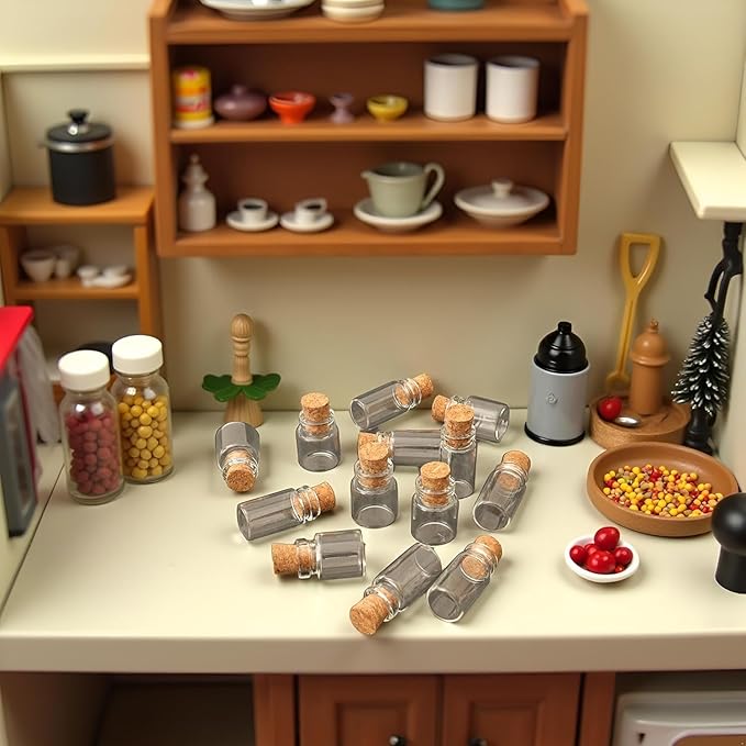 10Pcs Dollhouse Glass Jars Miniature: 1/12 Scale Glass Bottles Food Container for Kitchen Restaurant - Mini Canister Empty with Cork，Dollhouse Accessories，Dollhouses Décor
