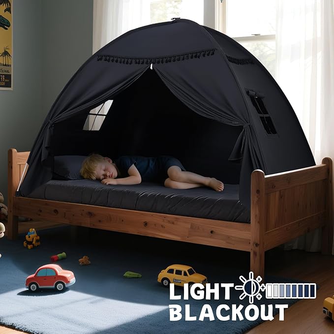 Full Size Bed Tent Canopy: Lights & Flags Indoor Floor Bed Kids Tent Playhouse - Space Blackout Sleeping Tents Indoor Breathable Portable Cottage Drafty Room Floor (Large Black)