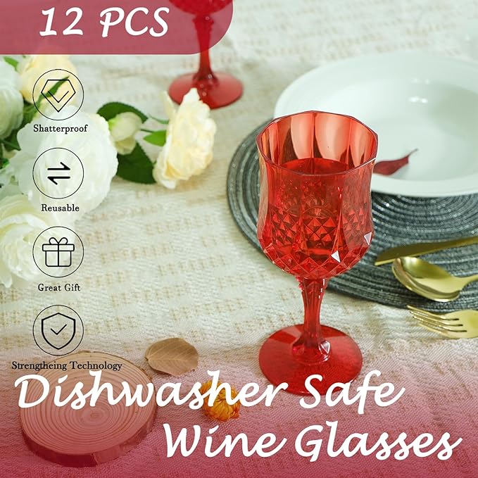 LEYIQU Plastic Wine Glasses, Plastic Goblets Vintage Style Cordial Drinking Glasses for Valentine’s Day, Wedding Reception, Grand Event Party Supplies (12, Red)