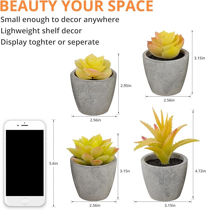 LUZOGA Set of 4 Small Yellow Fake Succulent Plants - Mini Artificial Succulents for Bathroom, Living Room, Office Desk, Coffee Table, Kitchen Shelves - Aesthetic Indoor Shelf Decor