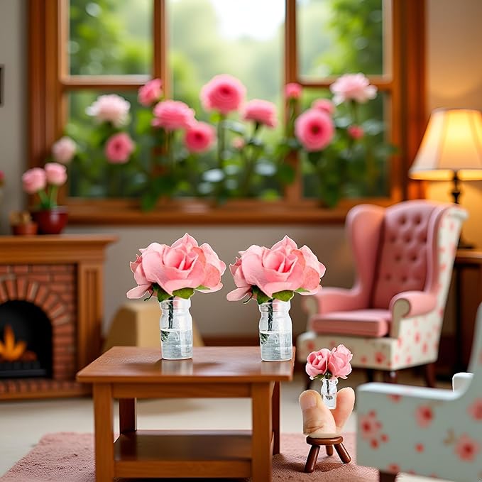 2Pcs Mini Dollhouse Miniature Vase Micro Landscape Colorful Flower Glass Bottle Miniature Decoration for 1:12 Scale Dollhouse Scene Props Décor Accessoriesecor (Pink)