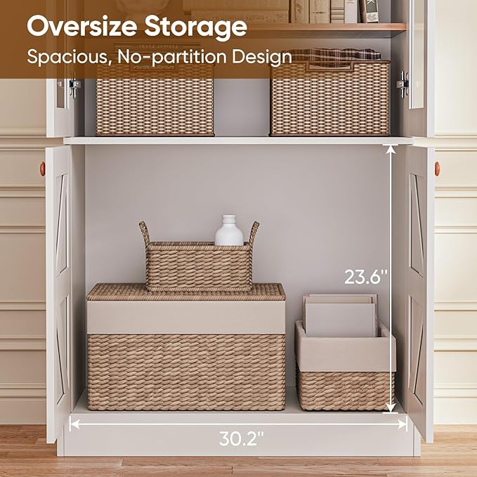 71" Tall Farmhouse Kitchen Pantry, Large Storage Cabinet with Glass Doors, Adjustable Shelves, 3 Drawer, Wood Versatile Hutch Cabinet for Dining Room, Living Room, White 3 PCS