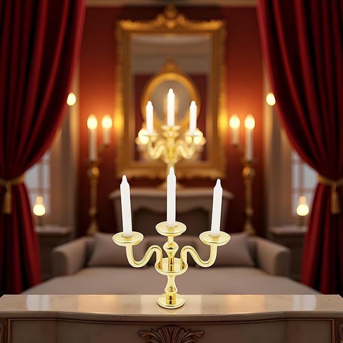 Gold 1/12 Miniature Candlestick Candelabra with Candles Dollhouse Accessories, 3-arms