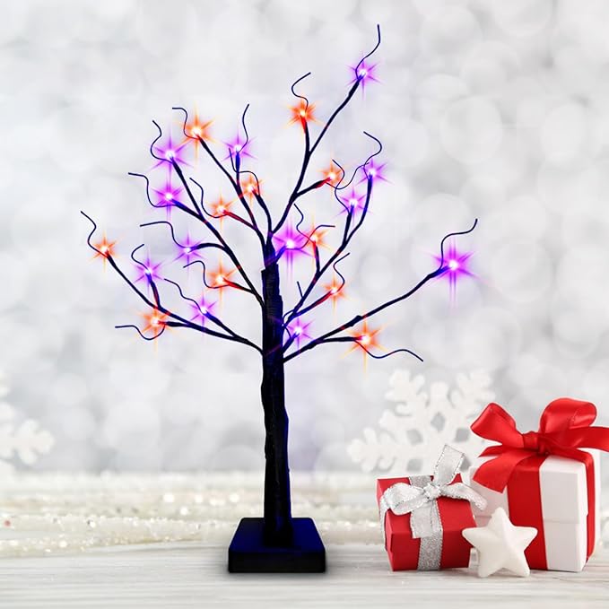 HipTree 2-Pack Lighted Halloween Christmas Fall Tree Decorations Indoor, 2ft Black Birch Tree with LED Lights, Small Tabletop Christmas tree with lights, Warm White Battery- Powered Fairy Light Spirit