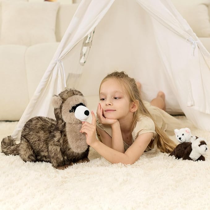 3Pcs Ferret Plush Toy, Mother Ferret Stuffed Animal with 2 Cute Stuffed Baby Ferrets Inside, 18" Snuggly Ferret Plushies for Kids, Christmas Birthday Gift