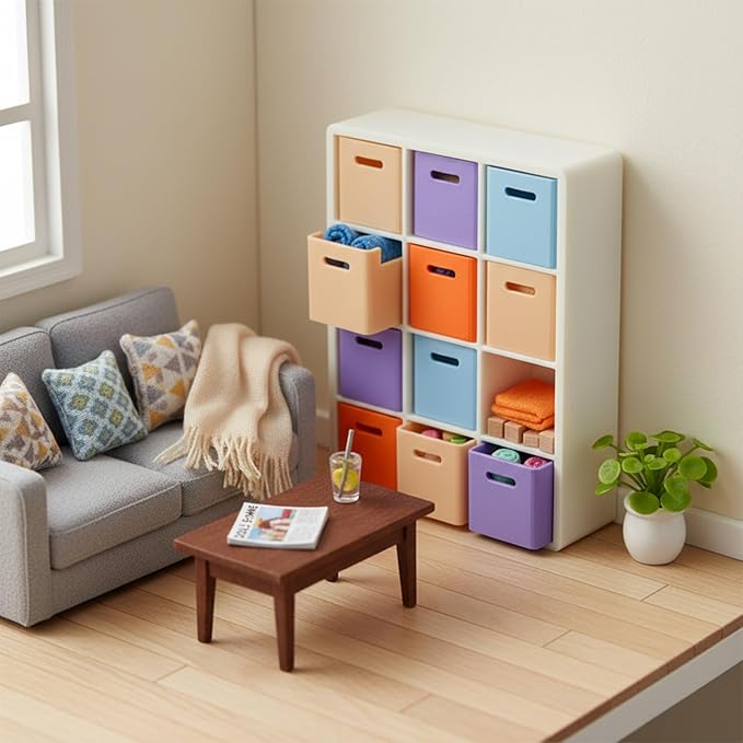 LOGOFUN 1:12 Miniature Dollhouse Storage Rack with 12 Compartments and 4 Color Boxes Miniature Bookshelf Organizer with Cabinets