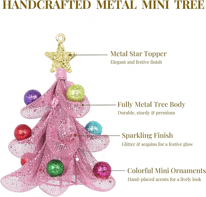 XMIAOX Mini Metal Christmas Tree, 5.9" Handcrafted Wire Mesh Tree Tabletop Hanging Ornament with Star Tree Topper & Colorful Glitter Balls, Sparkling Holiday Decoration for Desk, Shelf & Home Décor