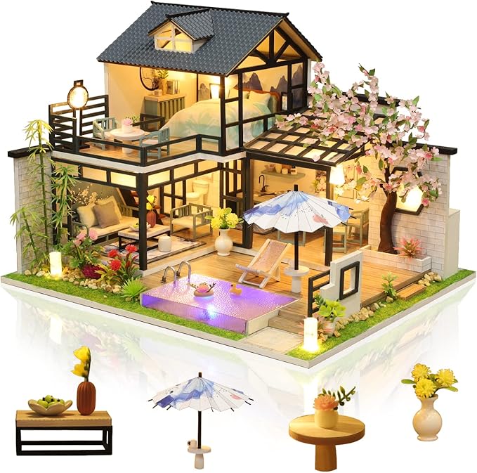GuDoQi DIY Miniature Dollhouse Kit, Tiny House kit with Music, Miniature House Kit 1:24 Scale, Great Handmade Crafts Gift for Birthday Christmas Day, Vintage Courtyard