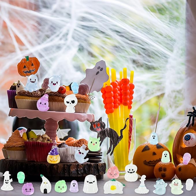 25 PCS Luminous Halloween Miniatures Figurines Halloween Resin Figures Glow in The Dark Miniature Skeleton Ghost Ornaments for Horror Party Favors Fillers Home Tabletop Decor