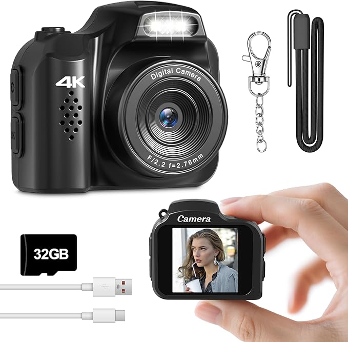 Mini Keychain Camera, 4K FHD Retro Digital Camera, Retro Snap Mini Digital Camera with Flash,Filters,Lanyard, Portable Video Recorder for Photo Video Travel Recording