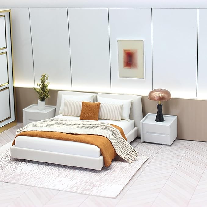 1/20 Dollhouse Bed with Doullhouse Bedding Miniature Queen Bed for Doll House Bedroom Furniture Accessories (Brown)