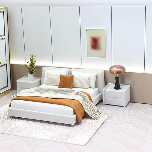 1/20 Dollhouse Bed with Doullhouse Bedding Miniature Queen Bed for Doll House Bedroom Furniture Accessories (Brown)