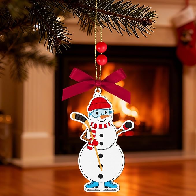 4.3 Inches Snowman Ice Hockey Christmas Ornament,Wooden Ice Hockey Snowman Tree Ornament Hanging Decoration for Rearview Mirror, Window, Eaves, Fireplace and Home Holiday Party Decor