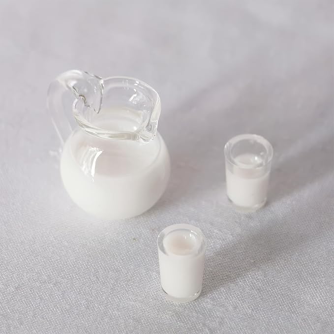 3pcs Miniature Pitcher Set, Dollhouse Miniatures Drinks, Mini Juice/Milk Glass Set, Realistic Dollhouse Accessories, Not Edible (Milk Set)