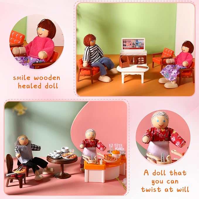 HyDren 83 Pcs Wooden Dollhouse Furniture Set with 8 Dolls Flexible Family Dolls and Fully Furnished Kitchen Living Room Bathroom Bedroom Dining Room Role Play Toys Birthday Gift for Girl Boy