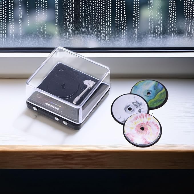 Miniature Retro Record Player Set, 1:12 Scale Vintage Turntable with 3 Mini Records, Realistic Alloy Model for Dollhouse Living Room & Music Room Accessories, Collectible Decor