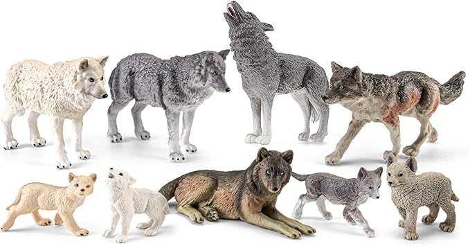 9PCS Wolf Toys Animal Figurines, Realistic Plastic Zoo Safari Animal Toys for Kids 3 4 5 6 7, Forest Wolf Animals Figures, Educational Toy Cake Toppers Birthday Gift for Kids Boys Girls