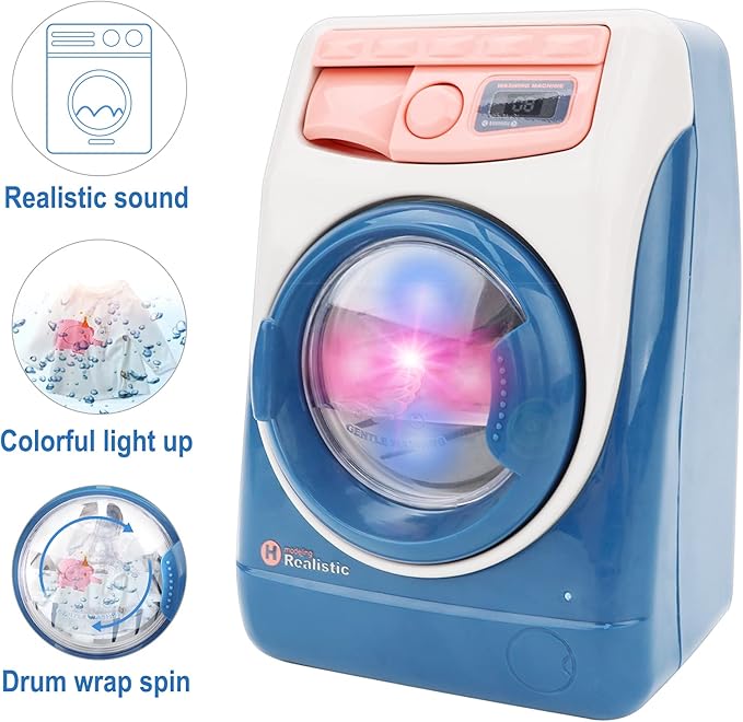 deAO Washing Machine Toy for Kids Dollhouse Furniture Pretend Play Household Appliance Realistic Sounds with Lights Laundry Play Set with Rotatable Roller for Children Birthday Present…