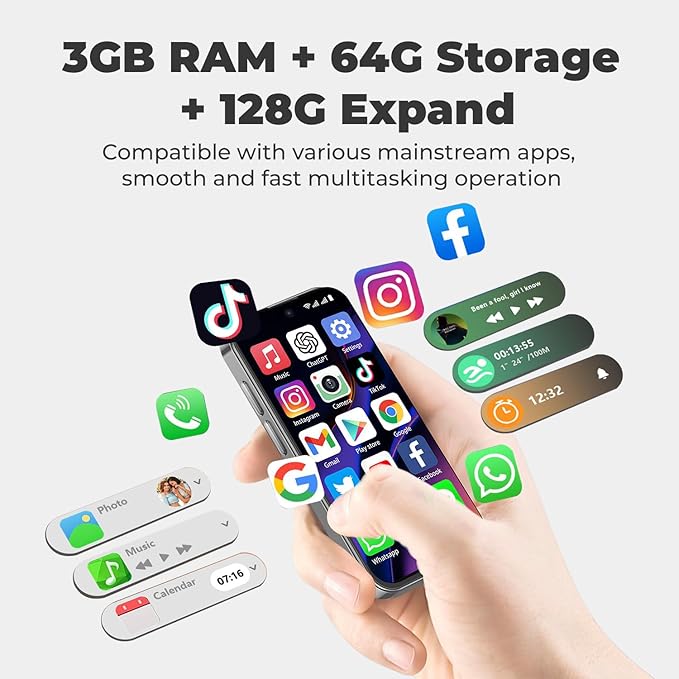 Mini Phone Unlocked Android Phone 4.0" HD Touch Screen Mini Smartphone Kids Smart Phone Dual SIM Quad Core Face ID Small Phone for Students & Children Pocket 3G RAM+ 64GB (Black, 4.0)