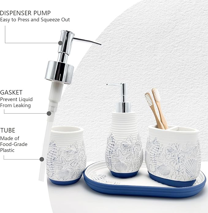 Beach Theme Bathroom Accessory Sets 4PCS Bathroom Accessories Set Complete Embossed Seashell Starfish Design Includes Lotion Dispenser Toothbrush Holder Tumbler Cup & Vanity Tray