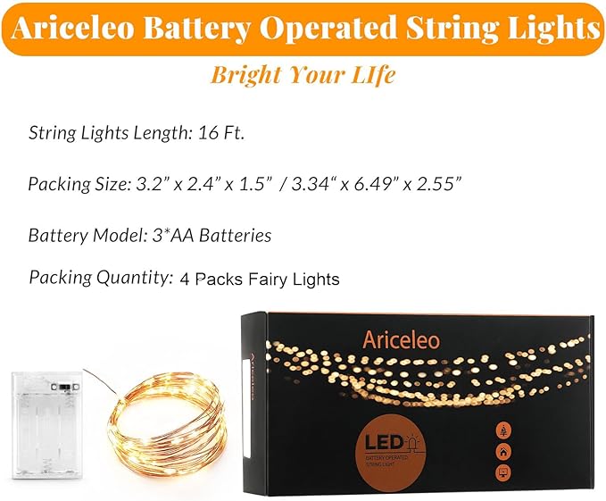 Ariceleo Led Fairy Lights Battery Operated, 4 Packs Mini Battery Powered Copper Wire Starry Fairy Lights for Bedroom, Christmas, Parties, Wedding, Centerpiece, Decoration (5m/16ft Warm White)