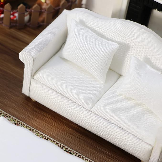 Dollhouse Couch Miniature Furniture Sofa with Pillows for Living Room Desktop Decoration Fabric Sofa Mini Home Scene Accessories Ornament (Sofa Set, White)