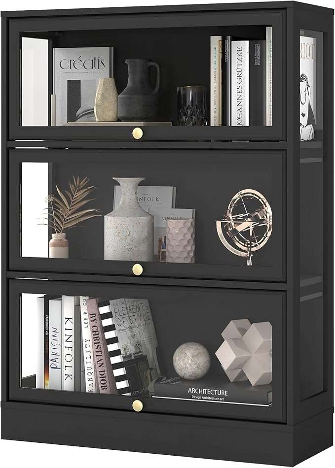 Display Cabinet with Acrylic Glass Doors,3-Tiers Curio Cabinet with LED Lighting for Collectibles, Collectibles Toy Organizers Rack & Display Shelf Display Case Storage Cabinet, Black