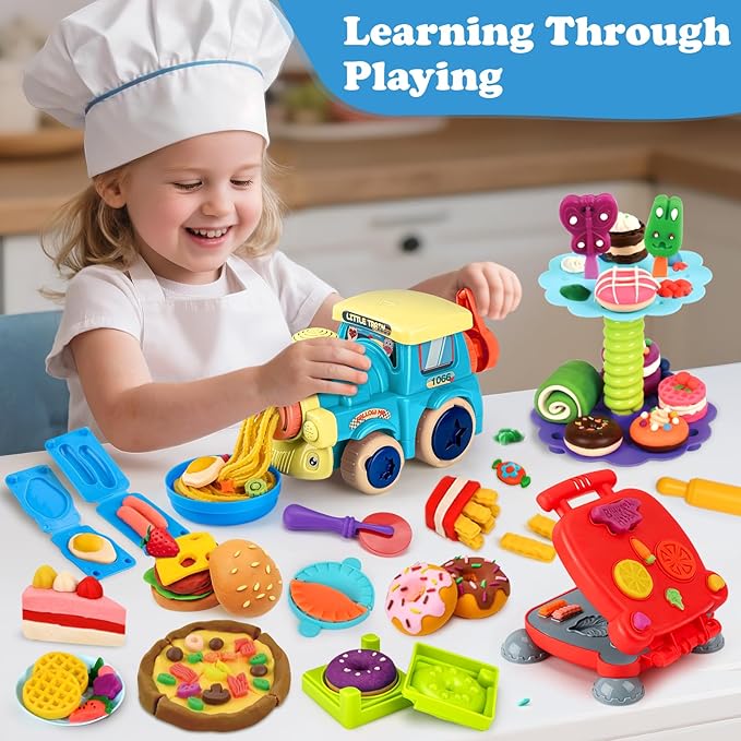 85 PCS 3 in 1 Dough Sets for Kids Ages 3-4-8, Art Crafts Dough Tools Kit, Train Engine Noodle Playset, Hamburger Machine, Dessert Rack, Kitchen Creations Food Play Toys Boys Girls