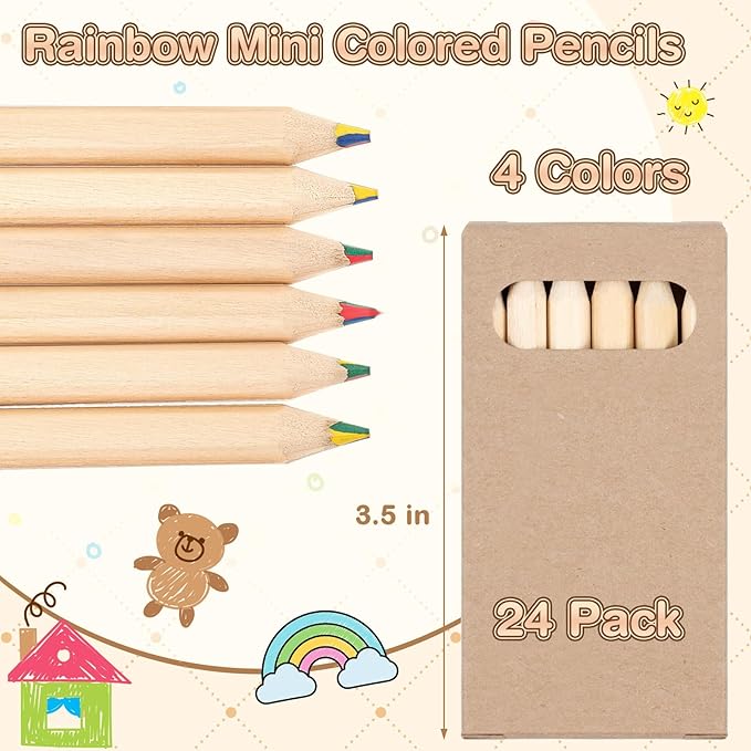 Ctosree 24 Packs 4 in 1 Rainbow Pencils 3.5 Inch Mini Colored Pencils Bulk in Kraft Boxes Valentine's Day Gift for Kids Classroom 100th Day of School Drawing Birthday Party Favor, 6 Per Pack