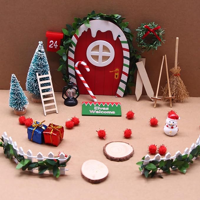 LOGOFUN 21pcs Miniature Dollhouse Christmas Scene Decoration Mini Fairy Door Gnome Tree Snowman Wreath Set for Xmas Decor