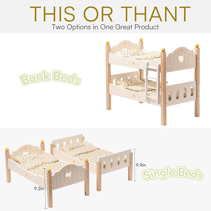 ROBOTIME Baby Doll Bunk Beds, Doll Cribs for 18 inch Dolls, Wooden Doll Beds Cribs fits American Girls (Wood, 2 Pcs Beds)