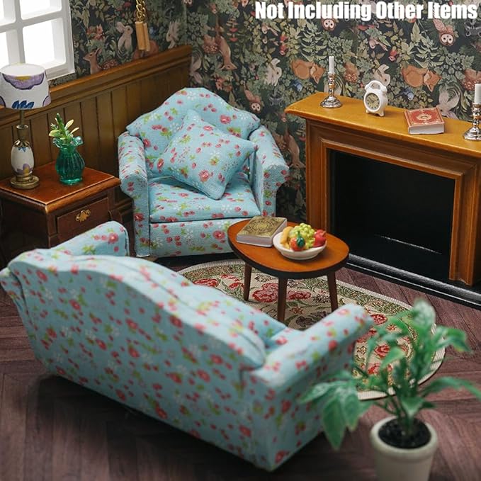 Odoria Dollhouse Armchair Miniature Sofa: 1/12 Scale Accent Club Chair with Pillow Country Rustic for Living Room Office Reading - Mini Lounge Seat Upholstered Wood Furniture Floral Blue