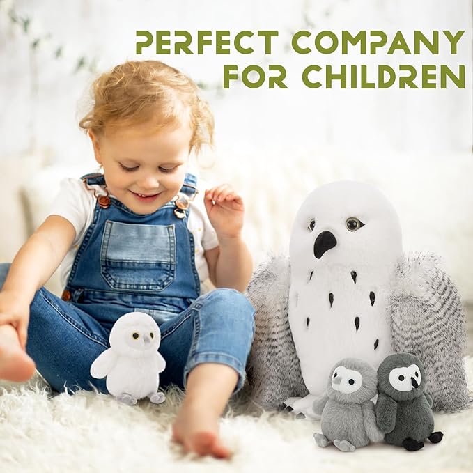 4Pcs Owl Plush Set, Giant Mother Owl Stuffed Animal with 3 Baby Owls Inside, 18" Cute Stuffed Owl for Girls Boys Kids, Soft Owl Plushie Gift for Christmas Birthday Baby Shower, White