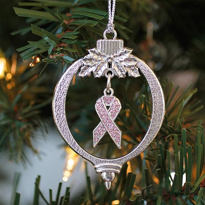 Inspired Silver - Pink Ribbon - Silver Christmas Ornament - Unique Charm Christmas Tree Ornament - Holiday Hanging Decoration