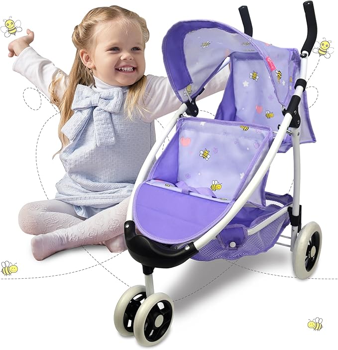 Doll Stroller Toy Anivia Realistic Twin Dolls Pram, Doll Pushchair with Shopping Basket Heart Design Gifts for Toddlers and Girls Foldable Baby Doll Stroller Toy (DA310pur)