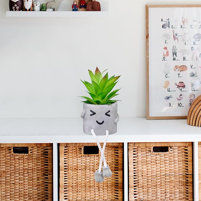 LUZOGA Cute Artificial Succulent Plant in Cement Pot with Hanging Legs - Kitchen Shelf, Bathroom, Office Wall Decoration, Mini Fake Succulents Decor Accents for Desk Shelf - Set of 1