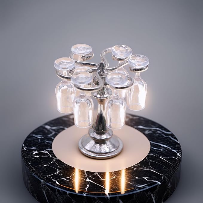 1:12 Scale Miniature Wine Glass Set with Metal Rack (Gold/Silver), 6 Clear Goblets, Elegant Dollhouse Dining Room & Bar Accessory for Collectors (Silver)