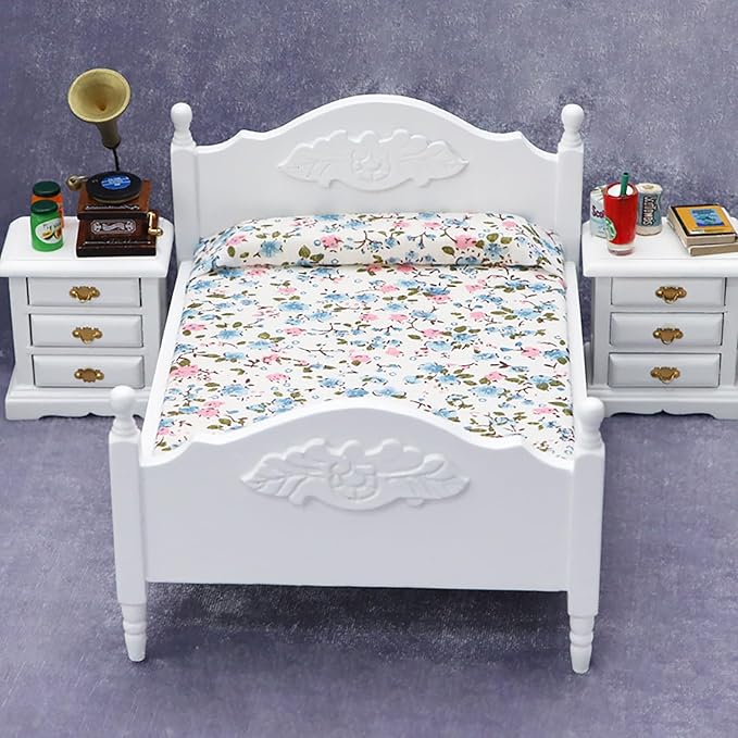 1/12 Dollhouse Bed Miniature Queen Bed Mini Woode Bed for Dollhouse Bedroom Furniture (White)